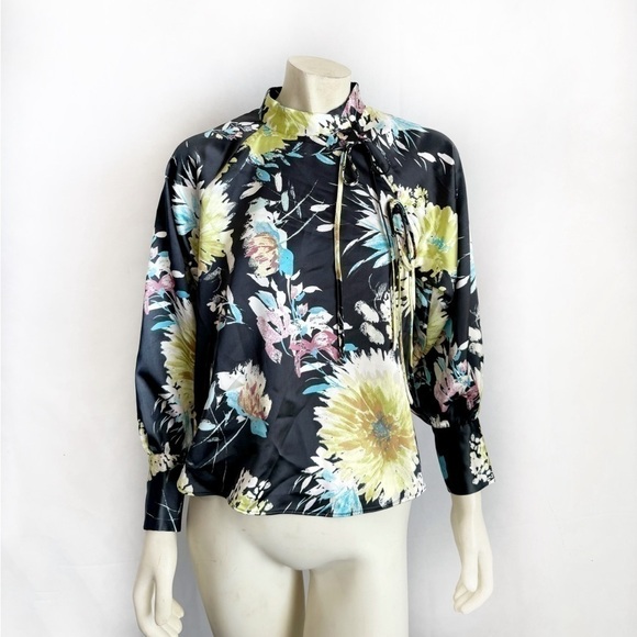 Zara Black Floral Printed Gathered Long Sleeve Blouse Size M - Picture 2 of 9